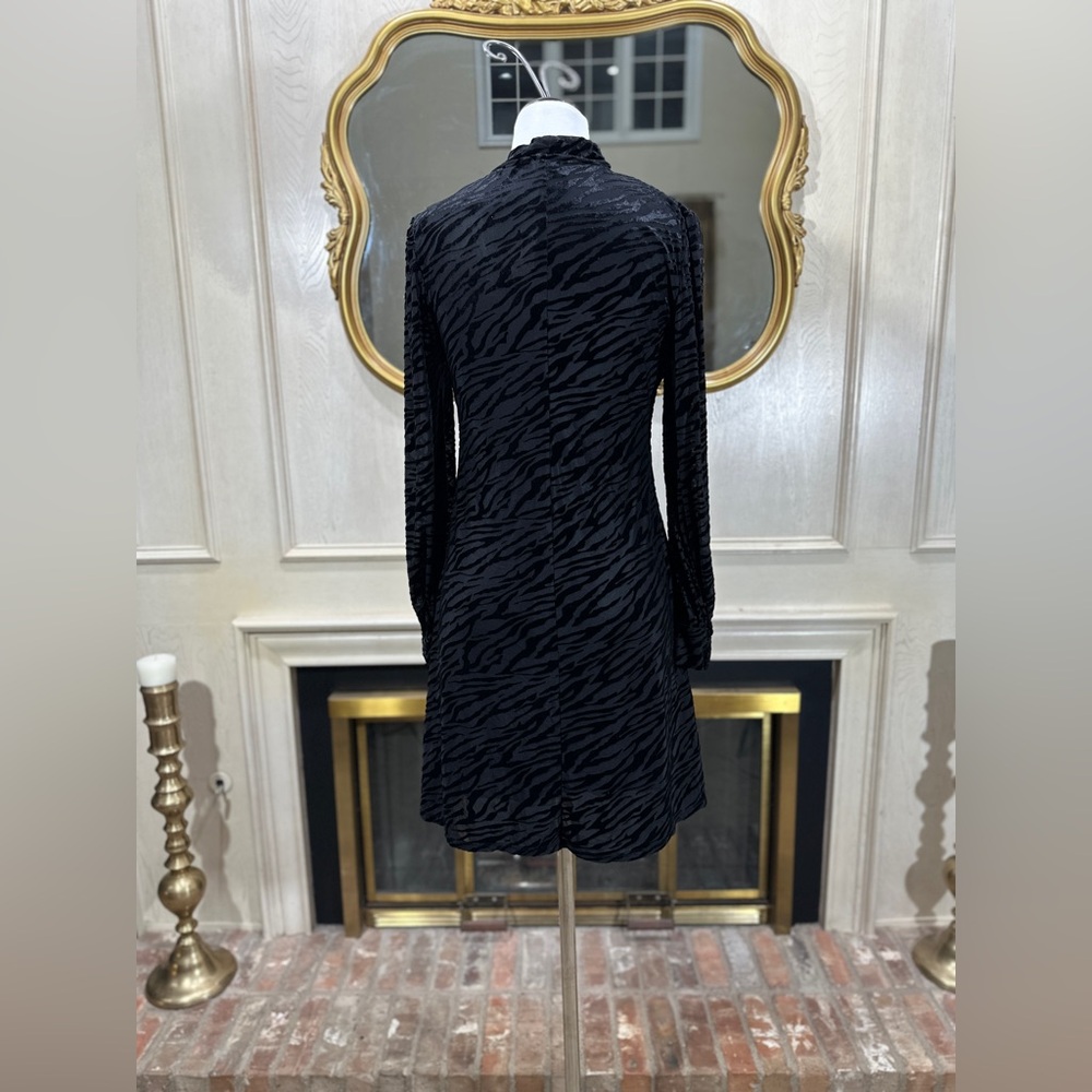 Calvin Klein Black Flocked Animal Print‎ Stretch Dress Size 10 | Tie Neck - Picture 3 of 7